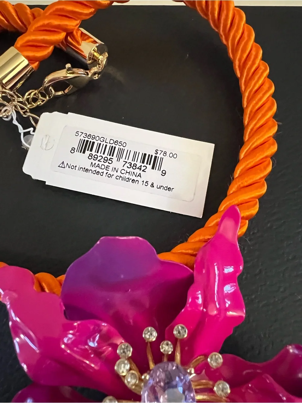 Betsey Johnson Orange Rope Necklace with Hot Pink Floral Pendant - Picture 8 of 16